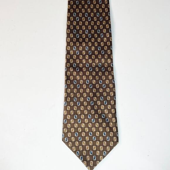 Puritan Stain Resistant Geometric Print Mens Neck Tie Tan Blue 100% Silk USA - Picture 1 of 7